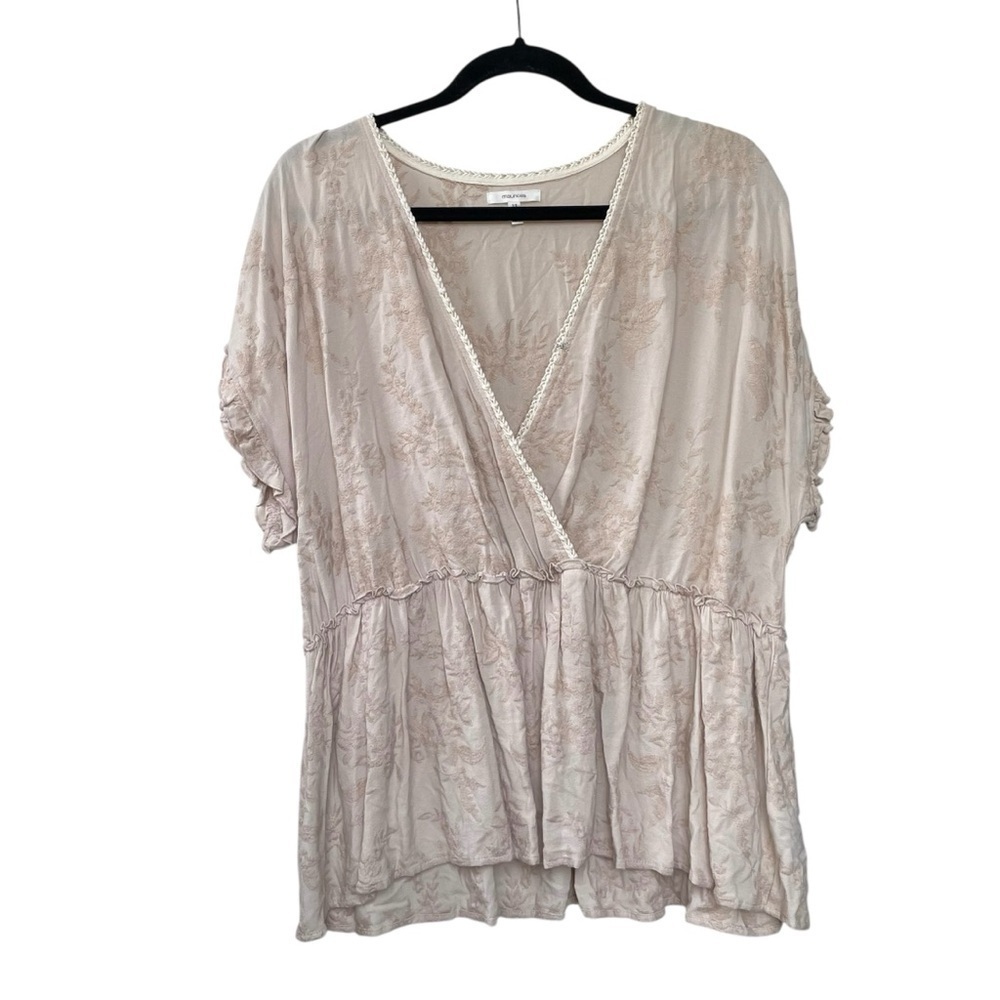 MAURICES Floral Embroidered Short Sleeve Peplum Wrap Blouse Ballet Pink XXL - Picture 2 of 7